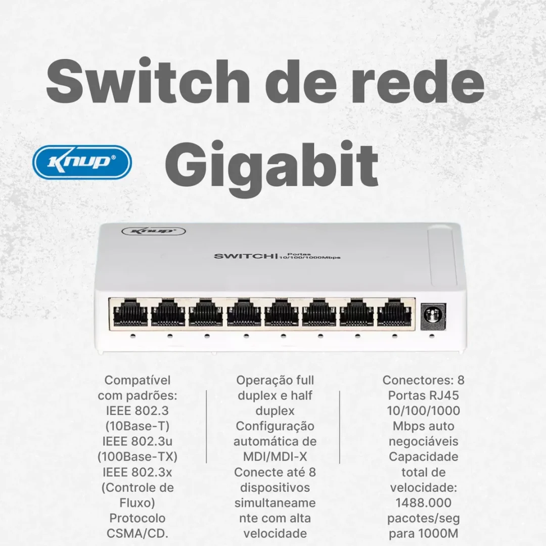 🔌 Switch Hub 8 Portas Gigabit 10/100/1000 Mbps KP-SW106 – Alta Velocidade e Estabilidade para sua Rede - Imagem 3