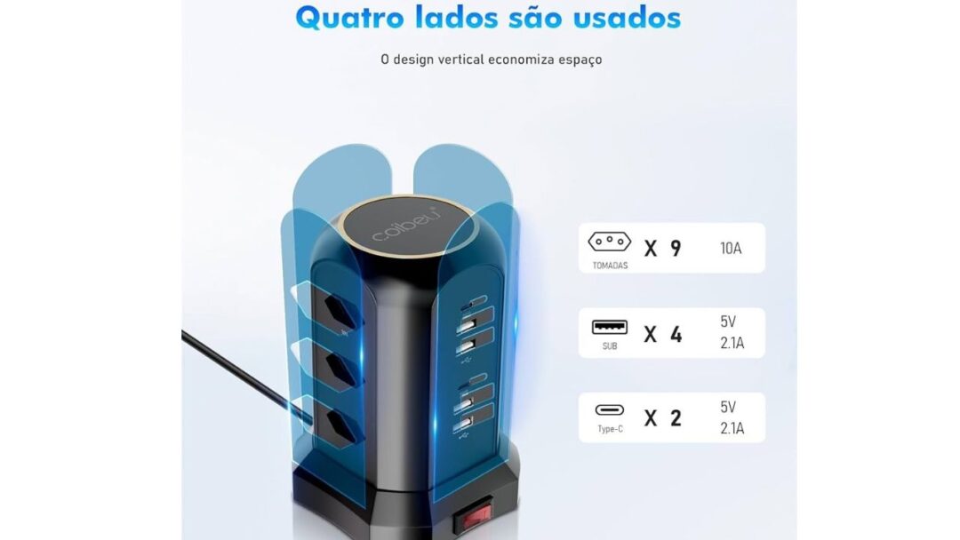 🔌 Extensão Torre Coibeu com 9 Tomadas, 4 USB e 2 Type-C – Alta Potência, Design Giratório e Proteção Total - Imagem 3