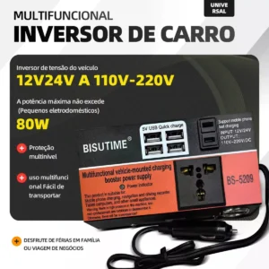 Inversor De Potência Para Carro 12v/24v 110v/220v 4 Usb 200w - Imagem 7