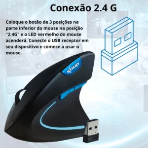 Mouse Sem Fio Vertical Ergonômico Gamer Recarregavel 2.4 Usb Cor Preto - Imagem 5