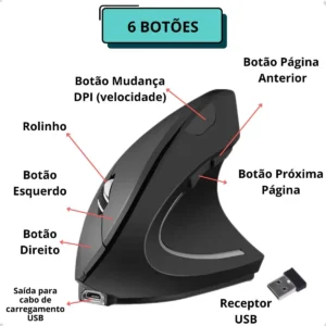 Mouse Sem Fio Vertical Ergonômico Gamer Recarregavel 2.4 Usb Cor Preto - Imagem 3