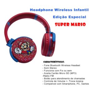 Fone De Ouvido Sem Fio Bluetooth Mário Bros Menino Menina Cor Sortida - Imagem 12