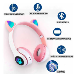 Fone De Ouvido Bluetooth Orelha Gatinho Infantil Led Sem Fio - Imagem 10