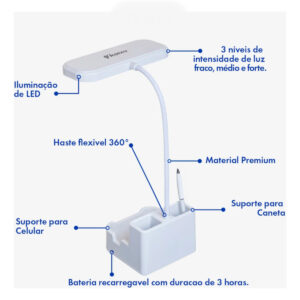 Mini Luminaria De Mesa Flexível 3 Cor Led Abajur Sem Fio Com Porta Caneta E Celular - Imagem 4