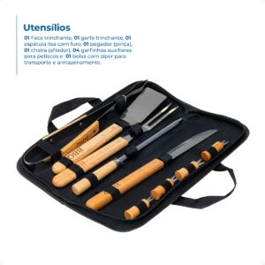 Kit Churrasco Inox Madeira 9 Pçs + Bolsa Utensílios Cozinha - Imagem 2