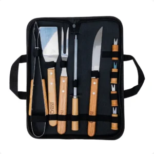 Kit Churrasco Inox Madeira 9 Pçs + Bolsa Utensílios Cozinha - Imagem 3