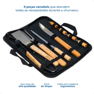 Kit Churrasco Inox Madeira 9 Pçs + Bolsa Utensílios Cozinha - Imagem 5