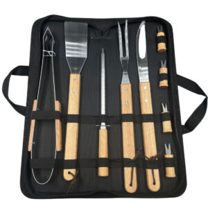 Kit Churrasco Inox Madeira 9 Pçs + Bolsa Utensílios Cozinha - Imagem 1