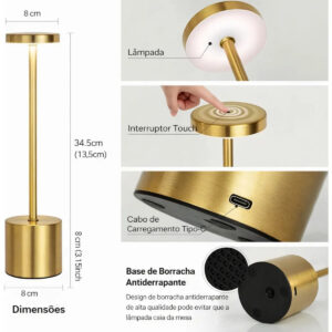 Luminária De Mesa Led Abajur Touch Dimmer Recarregável Usb - Imagem 3