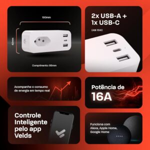Tomada Inteligente Wi-Fi 3 Pinos 2 USB 1 Tipo-C Alexa Google - Imagem 5