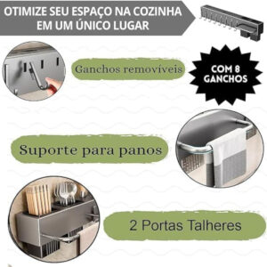 Suporte Organizador Utensílios Cozinha Parede 8 Ganchos Inox - Imagem 3