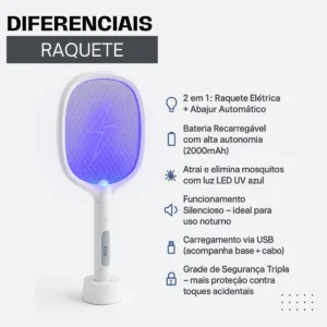 Raquete Mata Mosquitos Elétrica Luminária Armadilha Luz Uv - Imagem 2