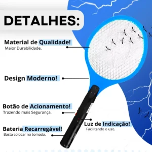 Raquete Elétrica Mata Mosquito Dengue Insetos Recarregável - Imagem 9