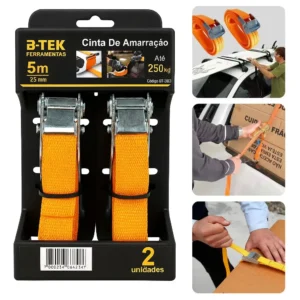 Kit 2 Cinta Catraca de amarração de carga reforçada 5m 250kg cor laranja - Imagem 1