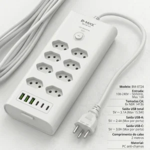 Extensão Filtro 8 Tomadas 10A 16A 20A + 3 Usb + 3 Usb-c Branco - Imagem 4